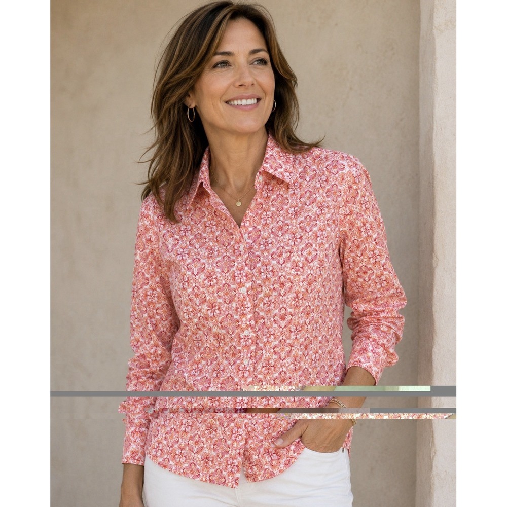 Talbots Boho Size P Pink Floral Paisley 100% Cotton Button Down Shirt Top